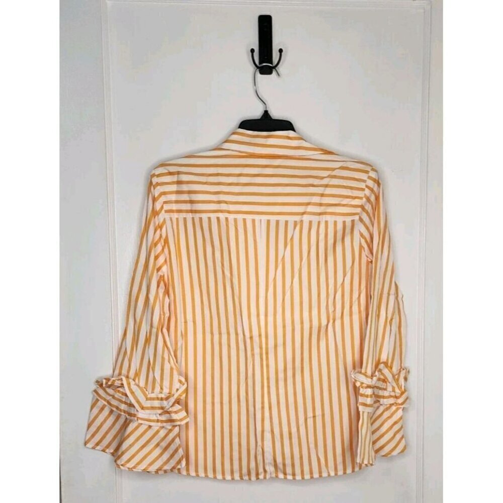 NWT Harshman Ruffle Sleeve Selina Button Down Blouse Marigold Stripes Sz Medium - Picture 2 of 5